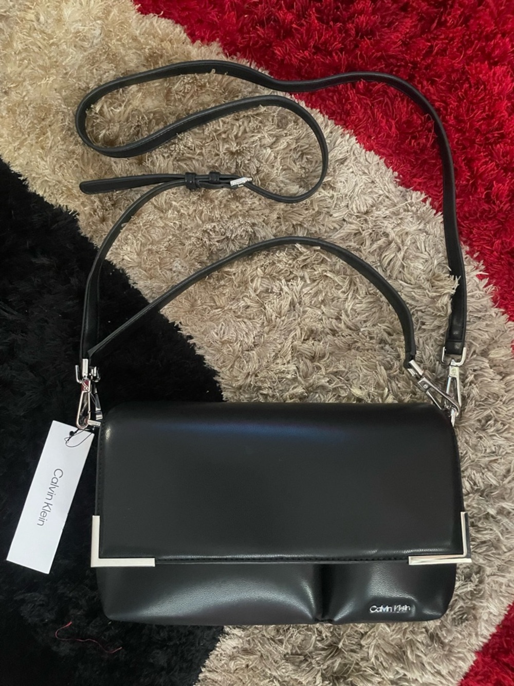 Calvin Klein Mica Flap Black Leather Crossbody Shoulder Bag purse silver